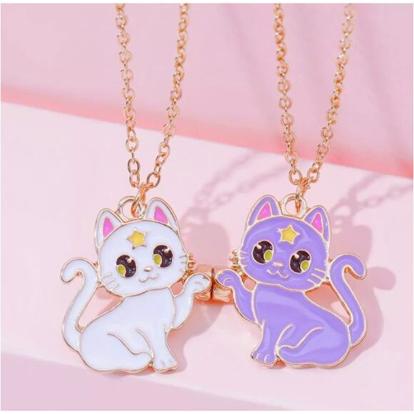 BFF Cat Necklace Set Magnetic Matching Best Friend Jewelry White Purple Kawaii - Picture 1 of 5